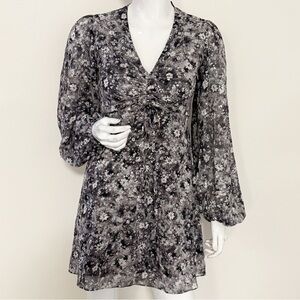 The Kooples Black & Gray Floral Long Sleeve Mini Dress Silver Metallic Threading
